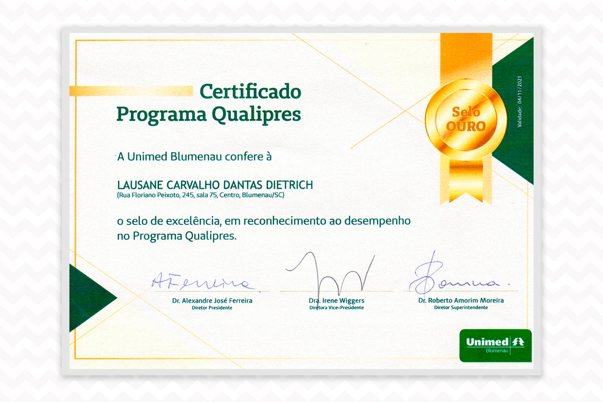 Certificado Programa Qualipres Unimed Certificado Programa Qualipres Unimed